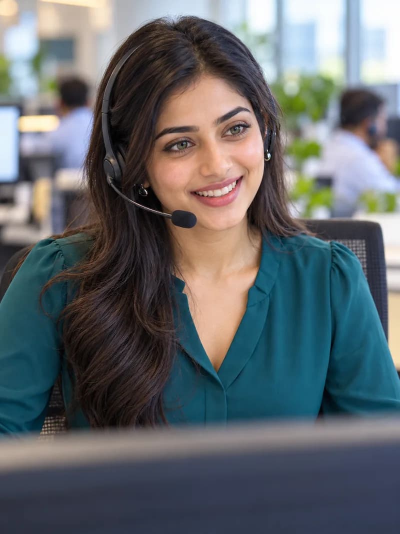 Smiling Indian customer care executive speaking on a headset